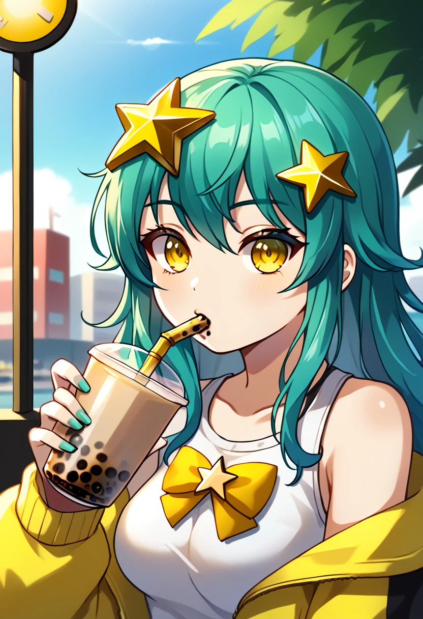Girl with long dark turquoise hair, yellow eyes, yellow star pin in her head, drinking one bubble tea. Background: no background