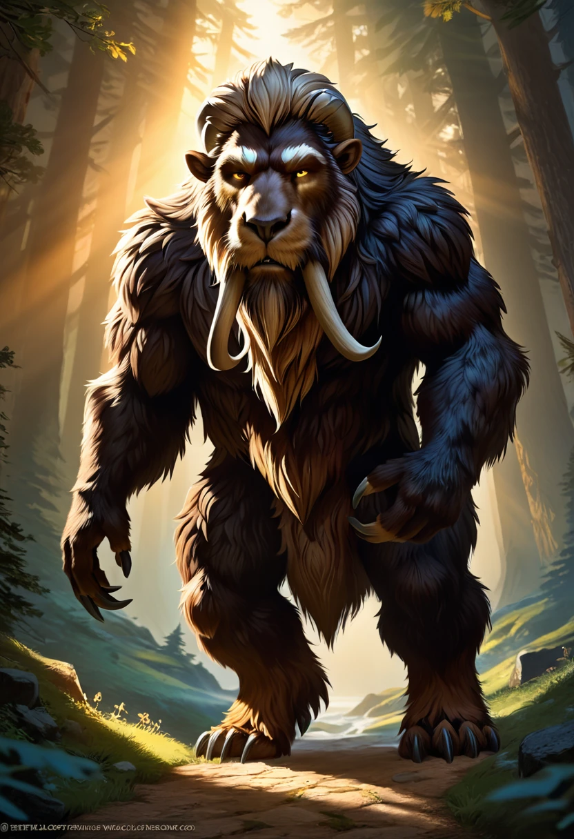 Create an image of a humanoid anthropomorphic woolly mammoth with a symmetrical face, photorealistic features, and path-traced hair. The lighting should include specular lighting and volumetric face light to enhance realism. Aim for maximum quality, capturing 8K high resolution and top-quality detail. The style should be inspired by "Breath of the Wild," blending illustrated, hand-drawn, full-color techniques with warm lighting and shadows. Use graphite shading, stencil marks, and airbrushed acrylic paint to add depth and texture. Infuse Rococo-inspired fantasy art elements with intricate details. The background should be detailed and sharp, contributing to the overall high-resolution, best quality, and detailed art piece.