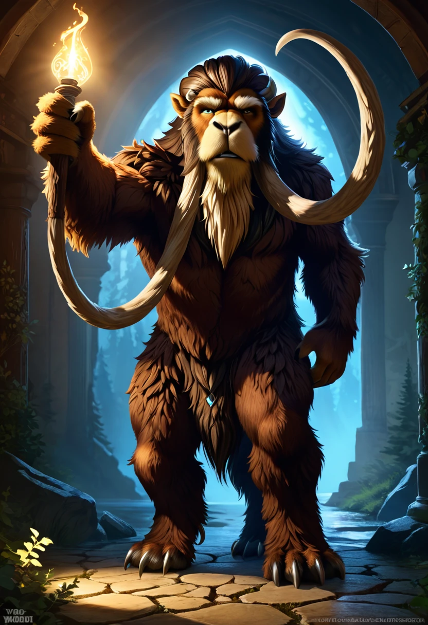 Create an image of a humanoid anthropomorphic woolly mammoth with a symmetrical face, photorealistic features, and path-traced hair. The lighting should include specular lighting and volumetric face light to enhance realism. Aim for maximum quality, capturing 8K high resolution and top-quality detail. The style should be inspired by "Breath of the Wild," blending illustrated, hand-drawn, full-color techniques with warm lighting and shadows. Use graphite shading, stencil marks, and airbrushed acrylic paint to add depth and texture. Infuse Rococo-inspired fantasy art elements with intricate details. The background should be detailed and sharp, contributing to the overall high-resolution, best quality, and detailed art piece.
