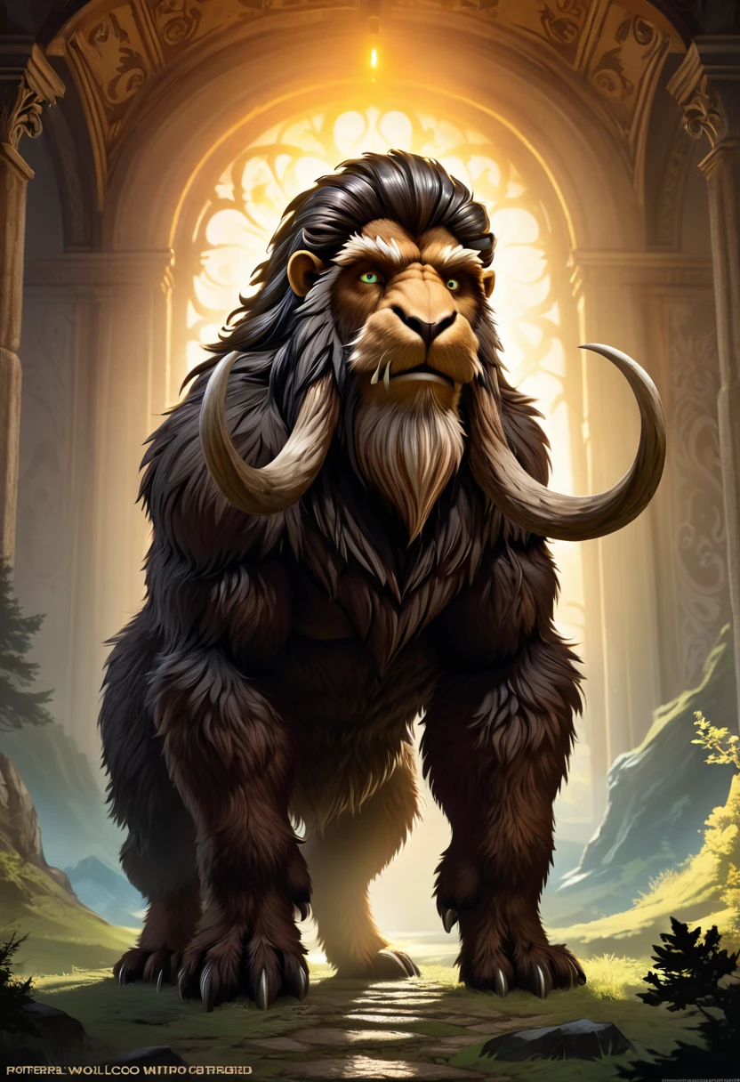 Create an image of a humanoid anthropomorphic woolly mammoth with a symmetrical face, photorealistic features, and path-traced hair. The lighting should include specular lighting and volumetric face light to enhance realism. Aim for maximum quality, capturing 8K high resolution and top-quality detail. The style should be inspired by "Breath of the Wild," blending illustrated, hand-drawn, full-color techniques with warm lighting and shadows. Use graphite shading, stencil marks, and airbrushed acrylic paint to add depth and texture. Infuse Rococo-inspired fantasy art elements with intricate details. The background should be detailed and sharp, contributing to the overall high-resolution, best quality, and detailed art piece.
