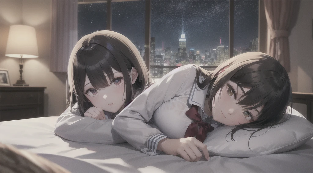 Highest quality(8k)masterpiece、Time is midnight(2.0)Lying on a bed by the window, holding a cute calico cat(2.0)、Clothing is high school uniform(1.8)The night view can be seen from the window(1.8)、A room in a high-rise apartment with very large windows(1.8)It's dim in the room.(1.8)、猫はSuper detailed、Fluffy, with each individual hair visible(2.0)、One girl、Very cute、Best Style、Hairstyle(long(1.8))The room is a high school girl's room(1.8)、There are no curtains、17age、Firm and refreshing々Fresh skin。Plump legs、eye(Super detailed 1.8)Wearing makeup(2.0)、The cat's face does not collapse(1.8)
