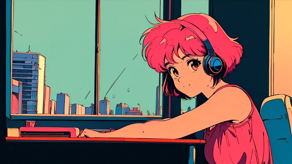 City pop style art, shoulder-length pink hair, fluffy bob cut, Wearing headphones, Futuristic yet lo-fi, Retro, masterpiece, (( Side Shot)), Sit at a desk and concentrate on studying, Laptop and coffee on the desk, (( night中 )), There are many stars outside the window) (( Looking down ))tobaccoを吸う、４ｋ、80's, Retro, City Pop Poster:1.5), (Album cover), (masterpiece, Highest quality), (anime, figure), Best Photo Poses, Dynamic Angle, Cowboy Shot, alone, smile, A perfect eye for detail, Delicate face, High Fashion, Retroなゲームセンター、American casual、jazz、the 90s、Vintage、tobacco、speaker、Saxophone、rain、 Knight、City Boy、Retro、citypop、９０ｓ、Dynamic Angle, Stylish、headphone、animeの雰囲気、4ｋ、American casual、night