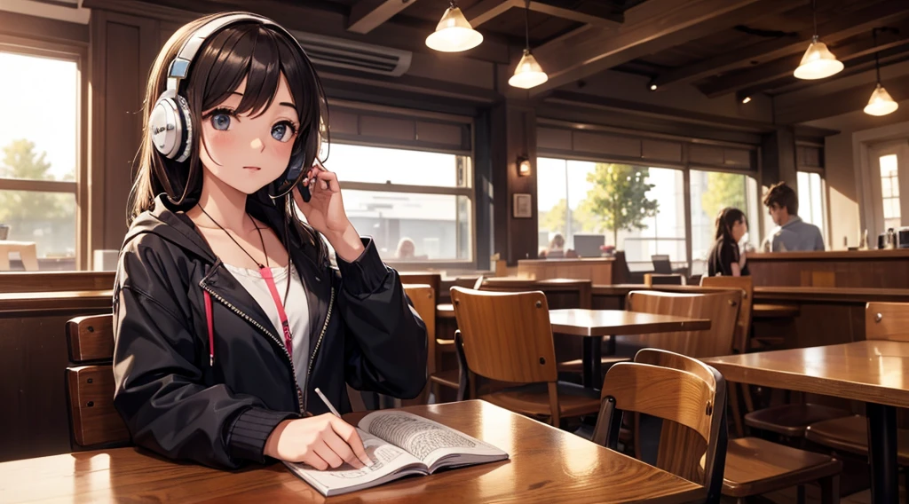 Girl with headphones enjoying music in a cafe I am studying Emphasize a little bit of the chest