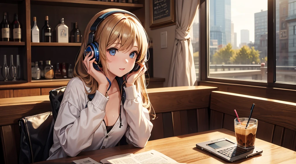Girl with headphones enjoying music in a cafe I am studying Emphasize a little bit of the chest