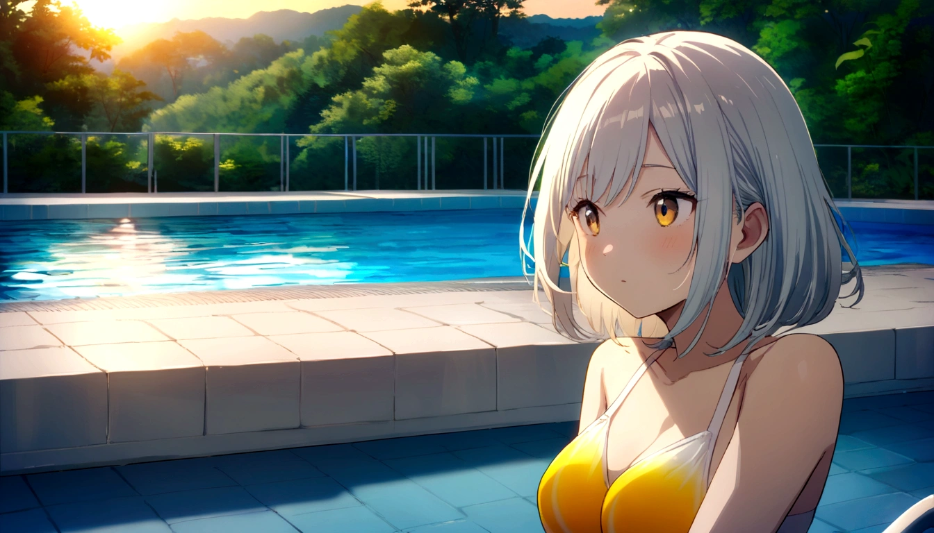 extreme quality, CG, (Vivid Colors:0.8), Close-up photo of a full-frontal woman sitting at the edge of a swimming pool overlooking a vast, tropical forest, dressed in a sexy swimsuit. She looks away from the camera as the sun sets.. and the golden hues of the setting sun paint the sky in breathtaking colors., centerpiece, best quality, 8k, 111cine8matic55
Info