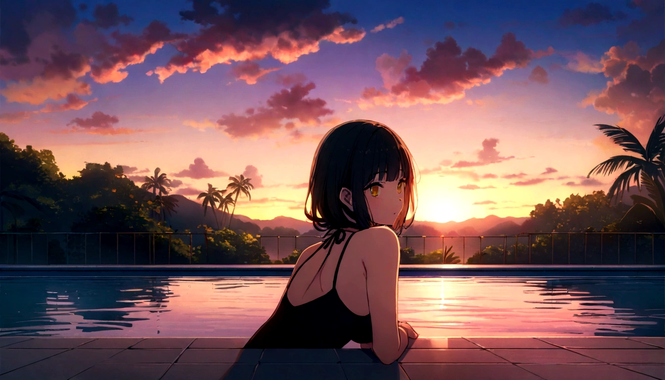extreme quality, CG, (Vivid Colors:0.8), Close-up photo of a full-frontal woman sitting at the edge of a swimming pool overlooking a vast, tropical forest, dressed in a sexy swimsuit. She looks away from the camera as the sun sets.. and the golden hues of the setting sun paint the sky in breathtaking colors., centerpiece, best quality, 8k, 111cine8matic55
Info