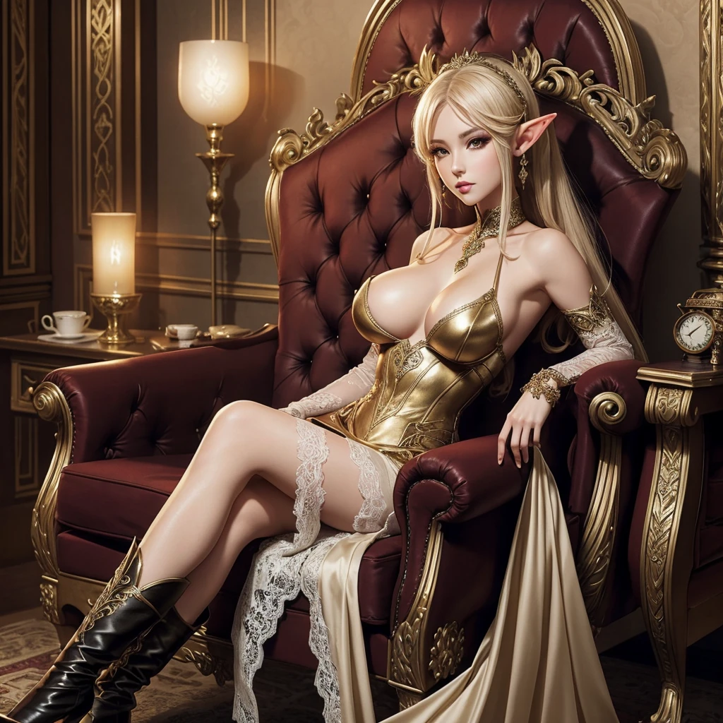 fantasy style, elf girl aristocrat, beautiful, slender, sexy, huge breasts, makeup, expensive luxury fantasy dress, long high-heeled boots, lace stockings, in the room, sitting in an armchair, hentai