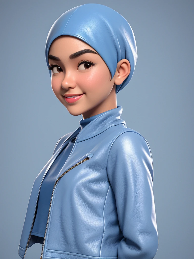 Create a 3D animation of a cartoon caricature with a big head. Full body. A 40 year old Indonesian woman. wearing long hijab, pitch colour and pixie cut. Her face is oval with fine lines, thick and neat black eyebrows, small narrow eyes, a small aquiline nose, and thin lips with a wide and friendly smile. She is wearing a light gray leather jacket over a white t-shirt. Gradient blue background with professional lighting. Masterpiece, best quality, highly detailed skin and face, very realistic, high definition, studio lighting, sharp focus, Concept Art, 3D render. 