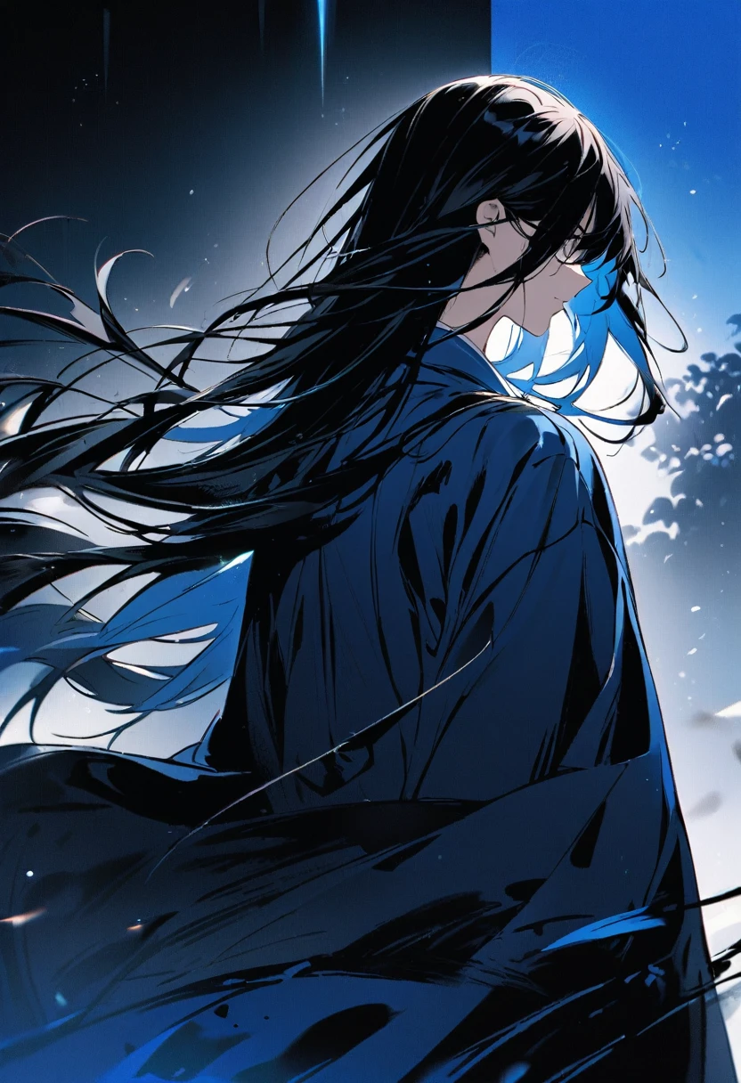 Japanese。male。Sharp Eye。Very long black hair。profile。Plain blue kimono(Dressed in kimono)。A strong wind blows my hair back。Cover your eyes with hair。The background is blue light。Stand up straight。An illustration。picture。