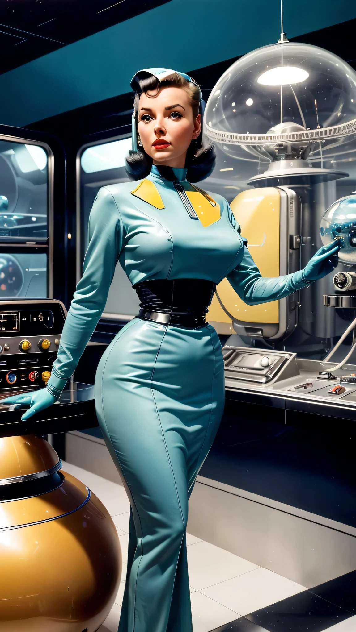 Retro futuristic, ((retro futurism)), ((Science fiction)), ((1950s)), 1960s, 1970s, (alien woman),
