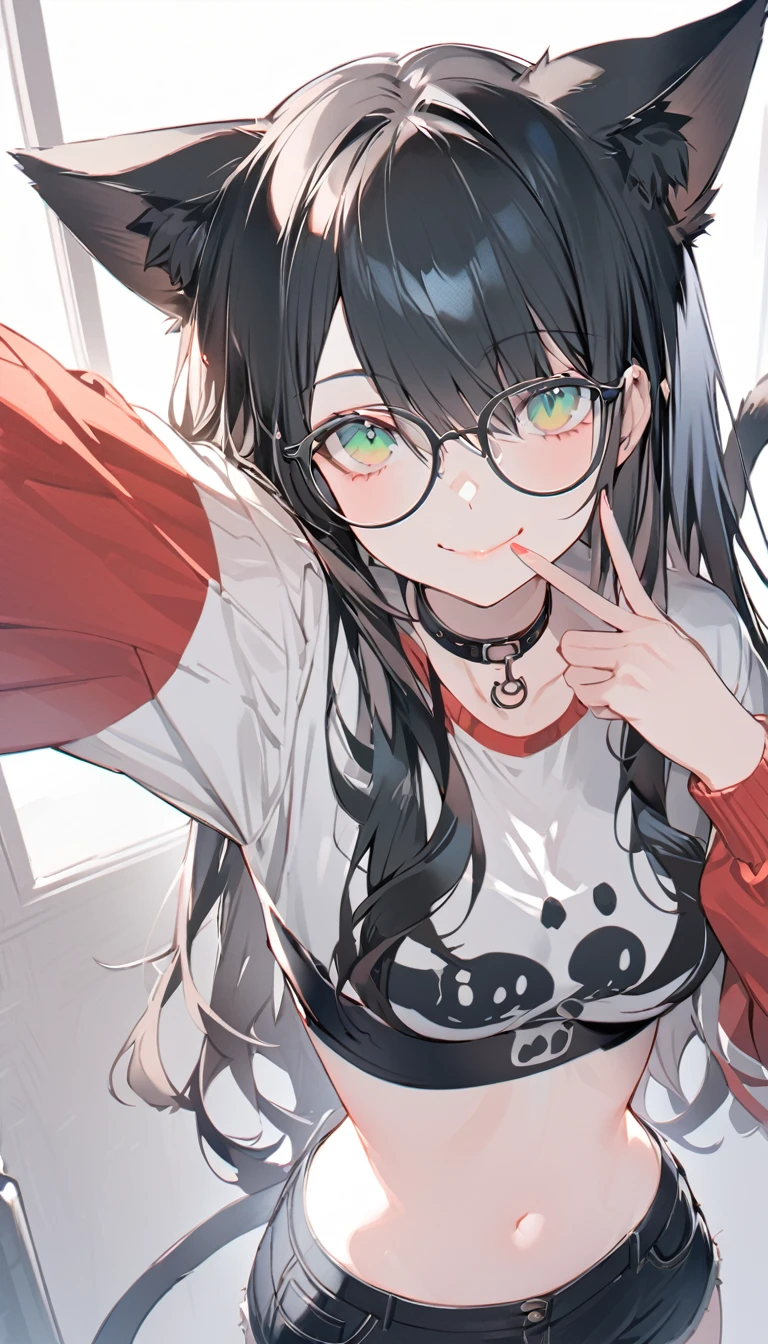 a girl in shorts and glasses with two giant cats on the wall, 1girl, animal ears, solo, tail, breasts, long hair, shorts, glasses, black hair, crop top, black shorts, selfie, hair over one eye, navel, green eyes, cat tail, smile, shirt, cat ears, midriff, short shorts, looking at viewer, long sleeves