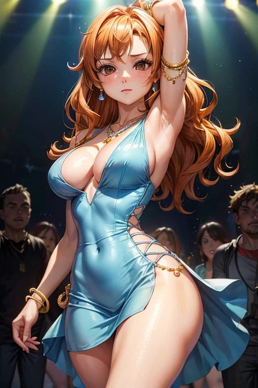 (masterpiece), best quality, expressive eyes, perfect face, front lighting, (inside dance party with light beams and crowd background), (dancing), (seductive look), (cleavage view), (1girl, Nami, 18 years old, orange hair, long hair, wavy hairstyle, brown eyes, hourglass figure, left shoulder tattoo, skinny body, thin body, petite_body, small breasts, wide hips, thick thighs), (light-blue v-neck strap dress, sleeveless, expossed cleavage, jewelry, necklace, bracelets, earrings), 