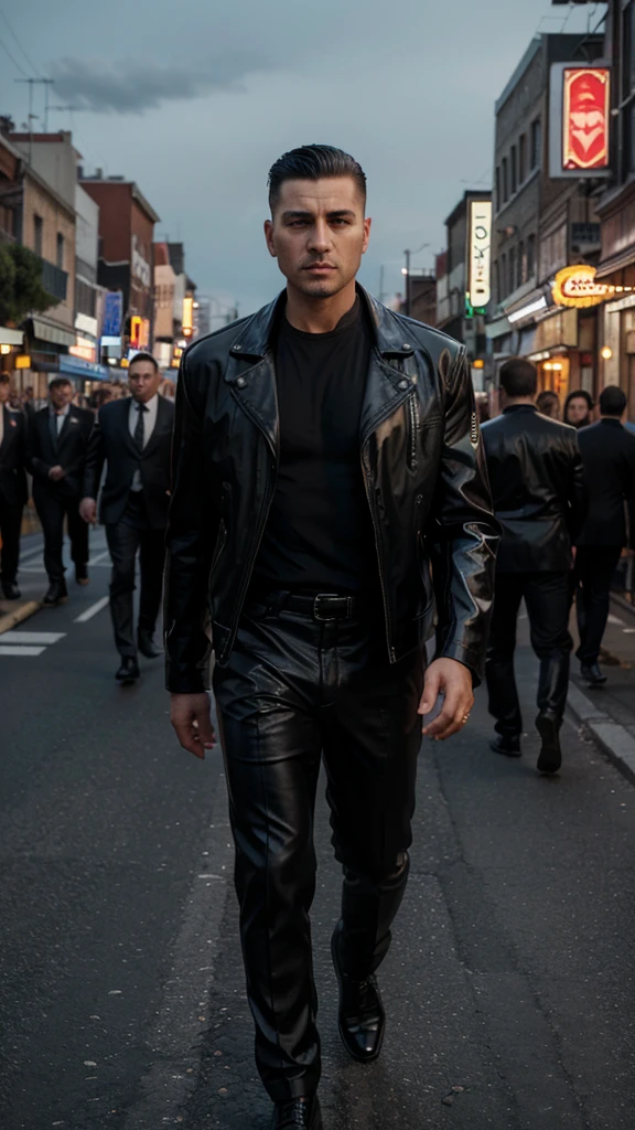 A handsome mafia boss, is walking coolly with a bunch of mafia, wearing a shiny black leather jacket, Undercut hair is combed neatly, night road background, real photo, professional photo, clear photo, realistic photo, full HD, 4k