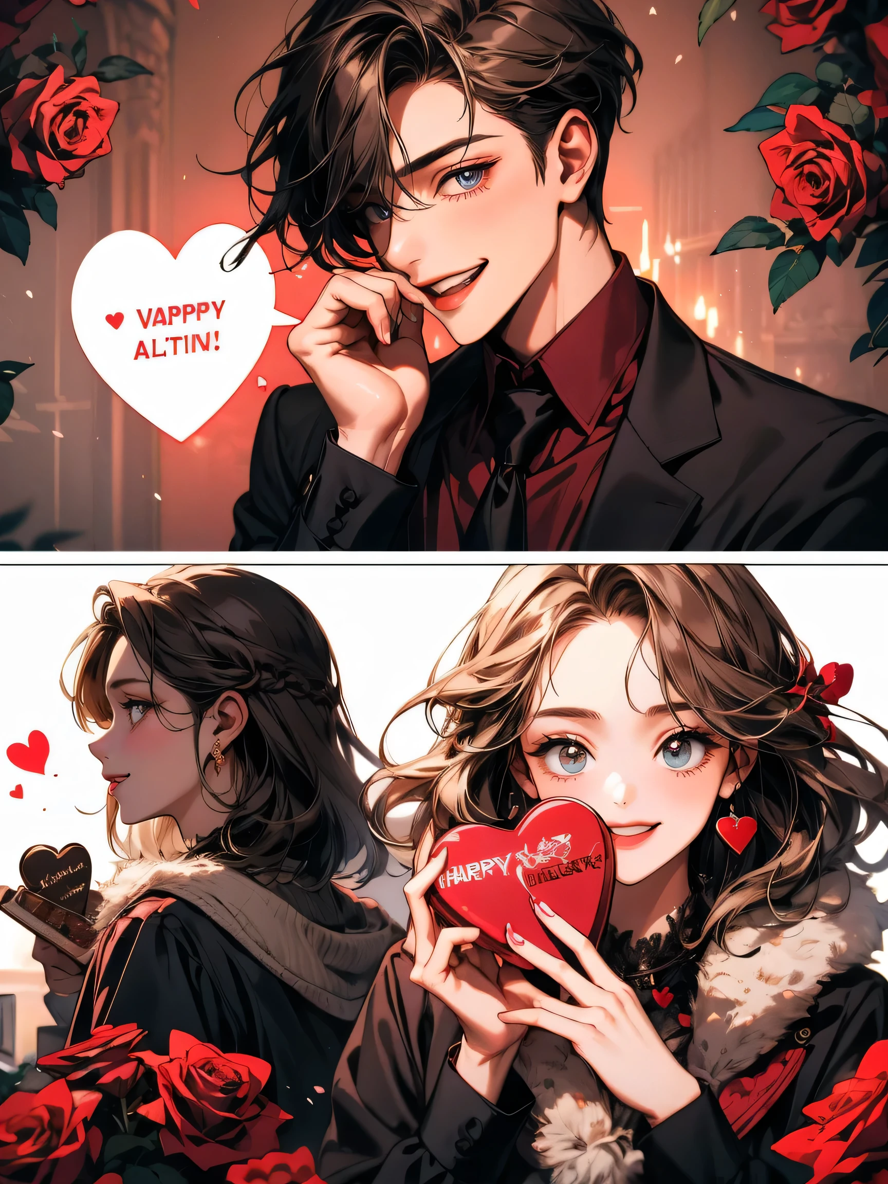 masterpiece, collage of a teenager, Valentine, happy, smile, chocolate, Roses, hearts