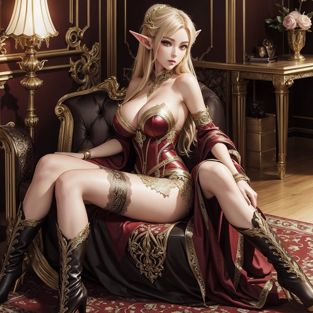 fantasy style, elf girl aristocrat, beautiful, slender, sexy, huge breasts, makeup, expensive luxury fantasy dress, long high-heeled boots, lace stockings, in the room, sitting on , hentai