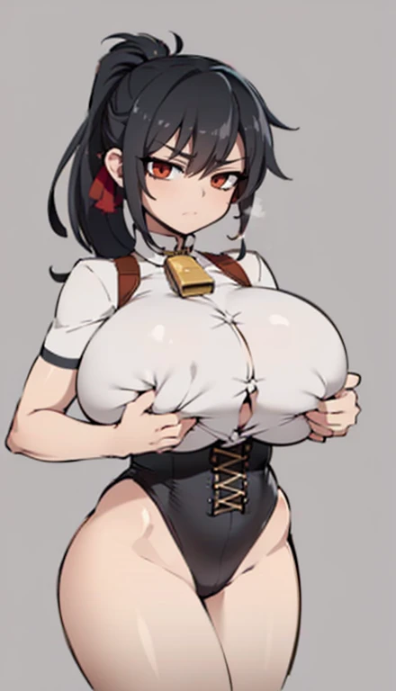 SFW, (Cow Cosplay）, (Huge breasts, Huge breasts, Large Breasts), Firm breasts, Slim waist, Curvaceous figure, (black_hair, (red_eye), Long ponytail)