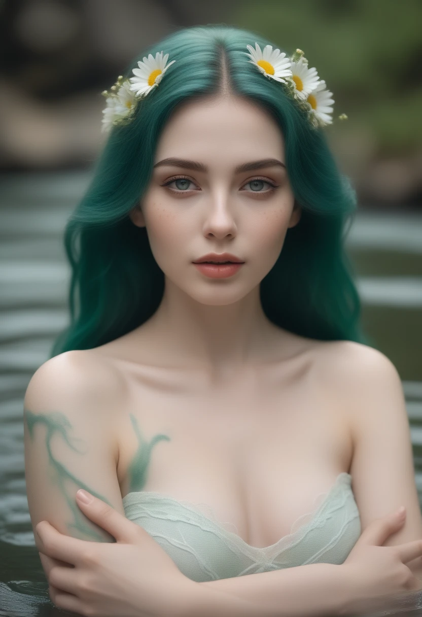 beautiful woman with pale, translucent skin, veins appear on the woman’s arms and chest, where the rivers flow , with green hair with a lot of daisies growing on it, daisies growing in a woman&#39;s hair, her hair is like grass