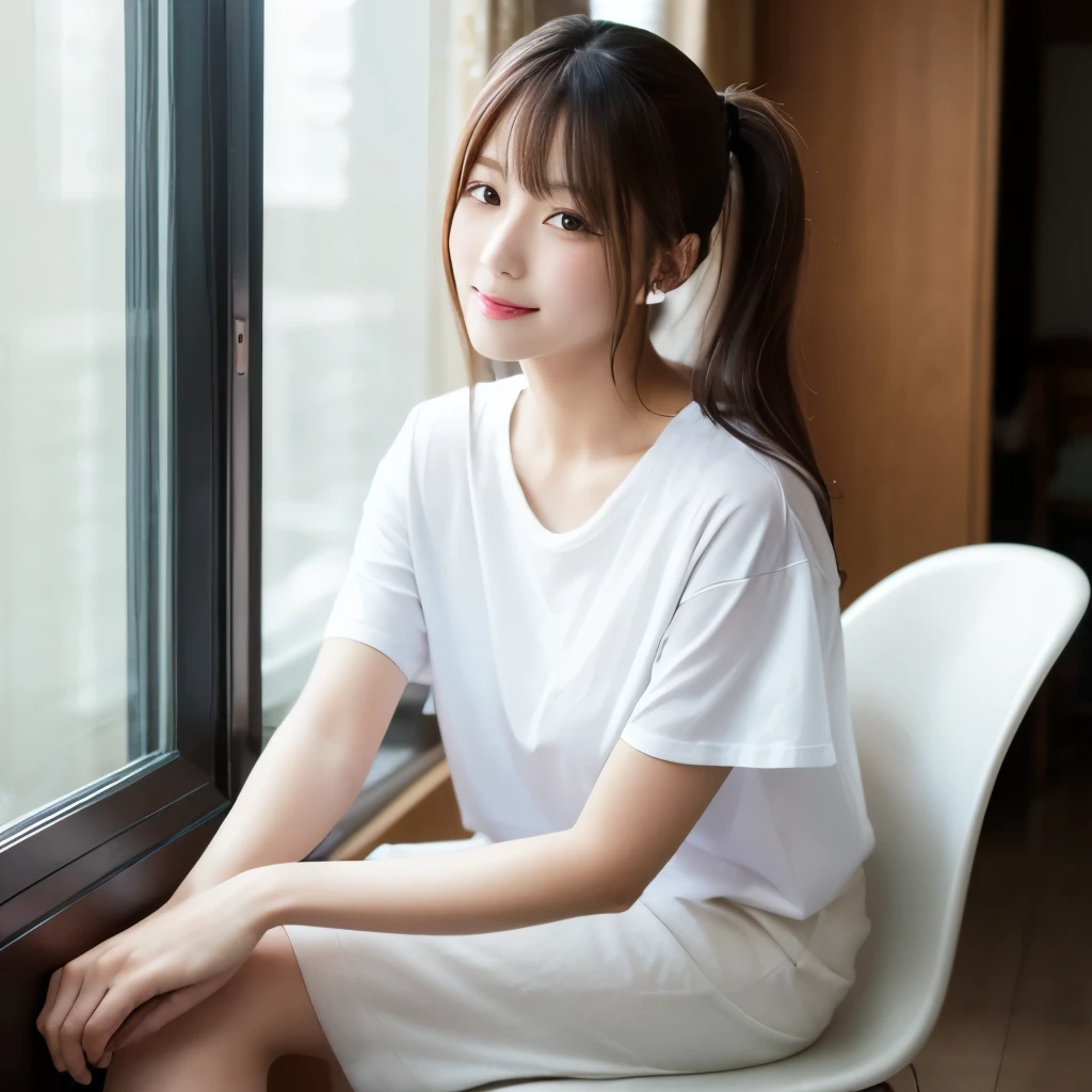 Woman wearing a white T-shirt、Japanese、cute、Sitting on a chair facing forward、high resolution