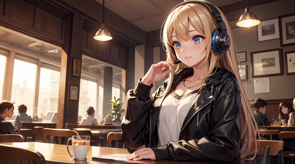 Girl with headphones enjoying music in a cafe I am studying Emphasize a little bit of the chest