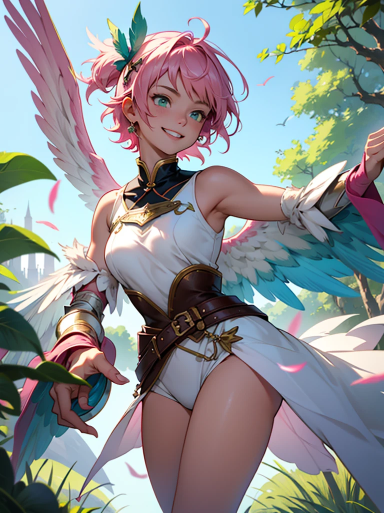 18-year-old female、Bird world、Pink feather armor、Green short hair、Flying on bird wings、With gorgeous bow、Fantasy、smile