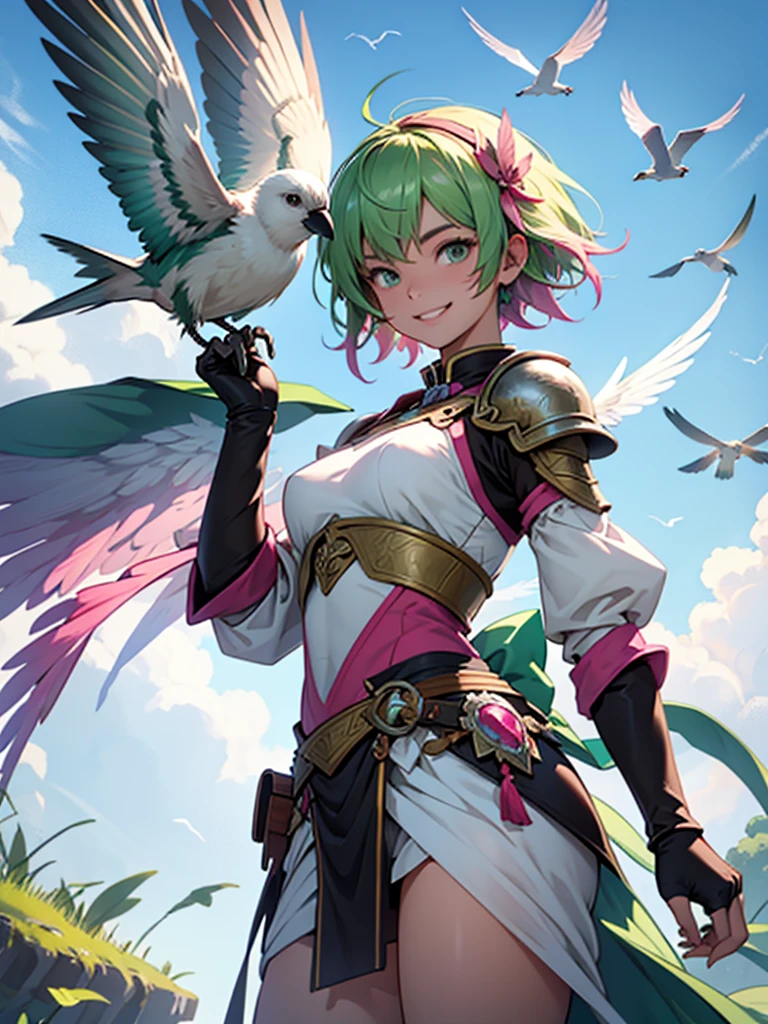18-year-old female、Bird world、Pink feather armor、Green short hair、Flying on bird wings、With gorgeous bow、Fantasy、smile