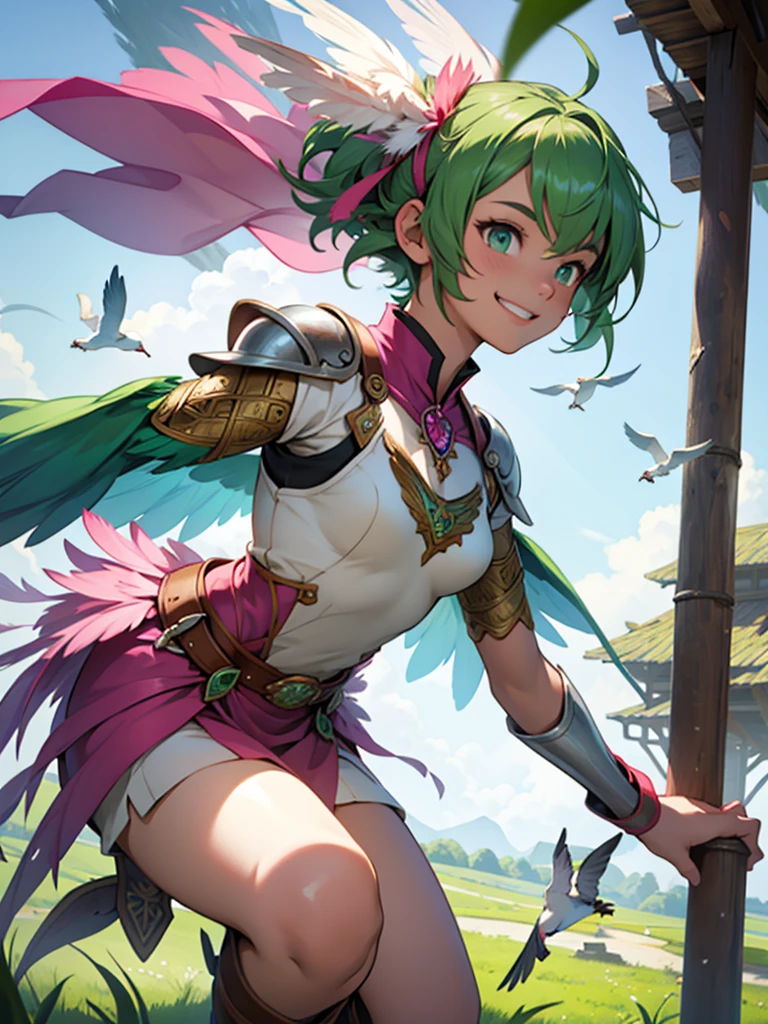 18-year-old female、Bird world、Pink feather armor、Green short hair、Flying on bird wings、With gorgeous bow、Fantasy、smile