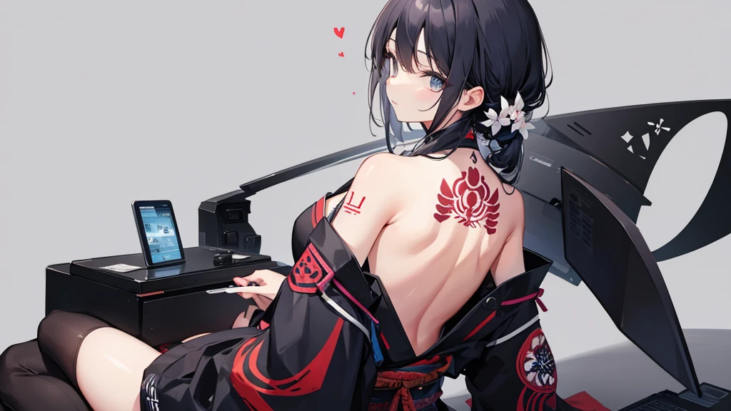Woman sitting with her back turned,Large Japanese style tattoo on the back,Fluttering back,Take off your clothes,force,cool,Gray background