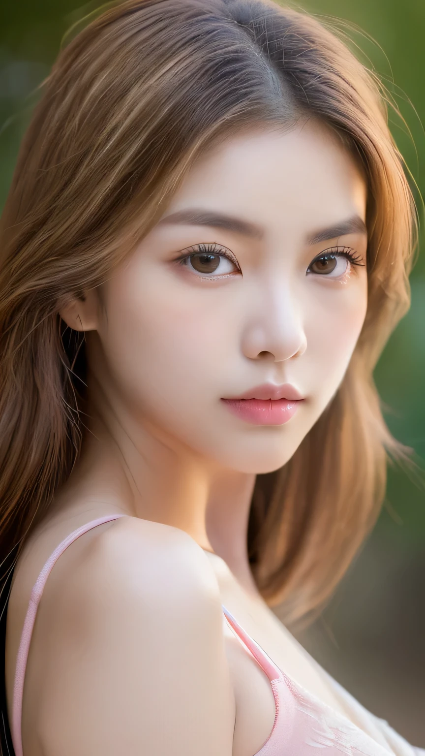 (8K、Raw photo、Highest quality、masterpiece:1.2)、(Realistic、Photorealistic:1.37)、Ultra-detailed、Ultra-high resolution、(((cute、Well-formed face,Asian、Pink beige long hair、Large Breasts、Round eyes、1.3)))(((White tank top、Denim Skinny)))