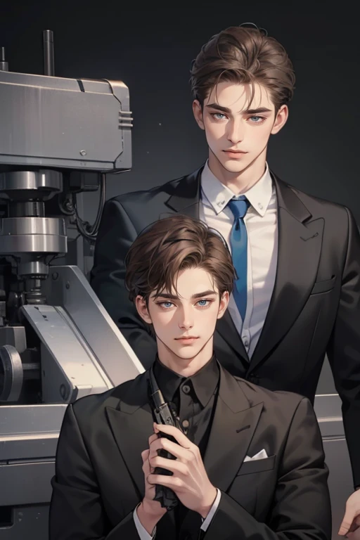 masterpiece, best quality, realistic, 1man, mature male, quiet and charming young man, 32 years old, close his blue  eyes, expression smile in love, closed mouth, extremely detailed face, cold, ((dark grey eyes)), ((short-right-swept dark brown hair)), [thick eyebrows], mafia, ((black suit)), ((holding a machine gun)), accurate, detailed.