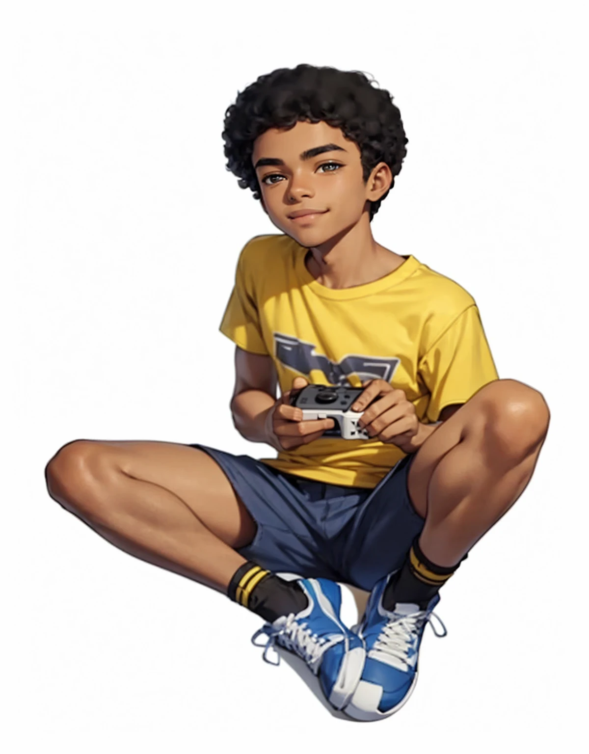 black teenager, 15 years old, very handsome, beautiful face, smiling, curly black hair, sitting holding a white video game controller, wearing blue shorts and a yellow t-shirt