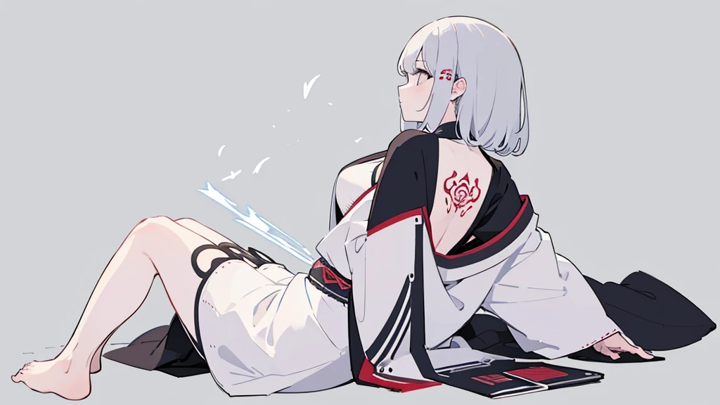 Woman sitting with her back turned,Large Japanese style tattoo on the back,Fluttering back,Take off your clothes,force,cool,Gray background
