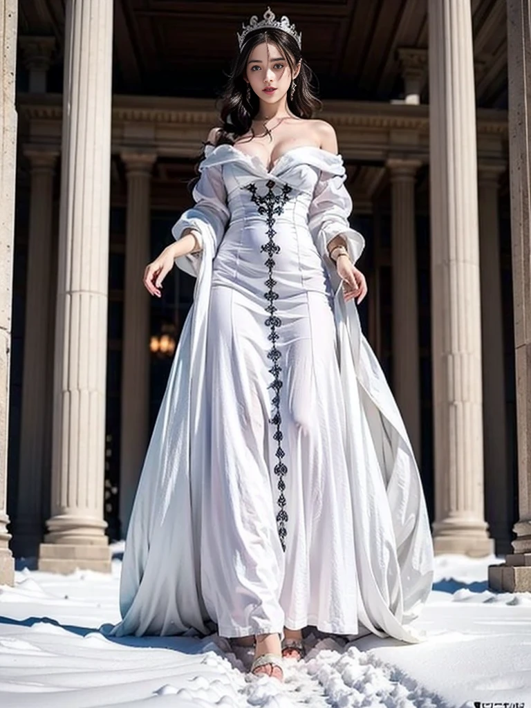 hyper realistic picture, a girl standing in snow ground and wears a luxurious gothic white dress. She has amazing make up, and she looking at the bottom, camera angle at bottom on her toes. she absolutley stunning and having very long white hair, wear queen dress with crown:1.1