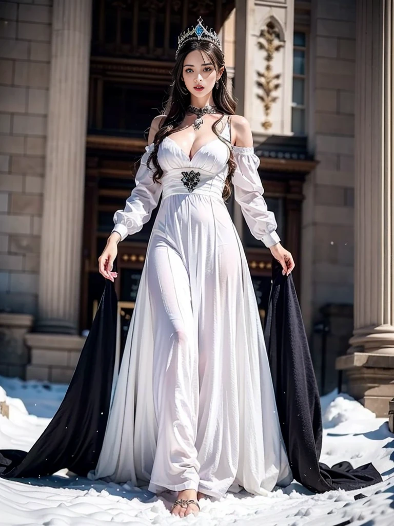 hyper realistic picture, a girl standing in snow ground and wears a luxurious gothic white dress. She has amazing make up, and she looking at the bottom, camera angle at bottom on her toes. she absolutley stunning and having very long white hair, wear queen dress with crown:1.1
