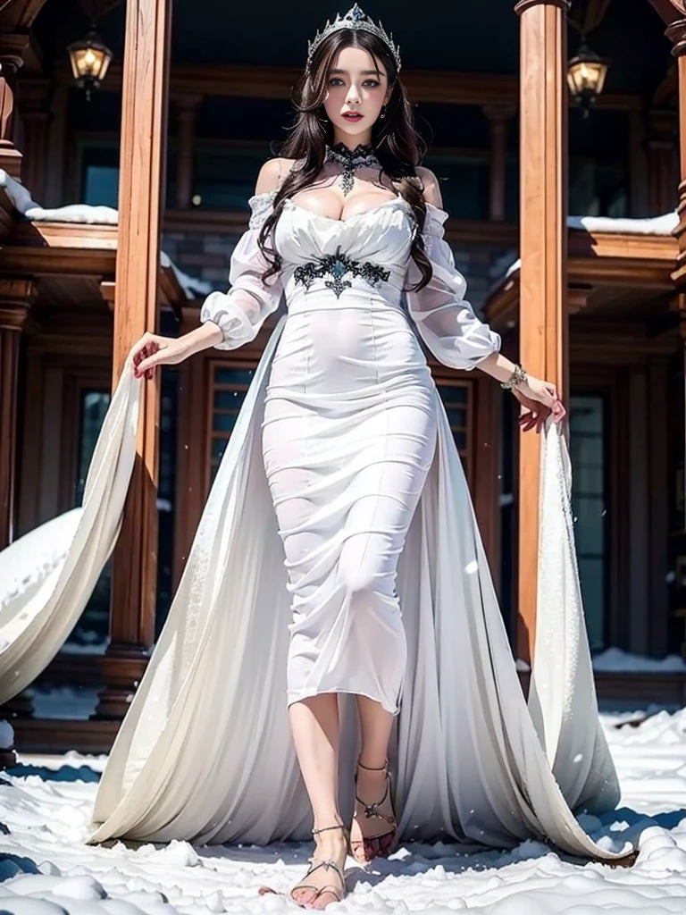 hyper realistic picture, a girl standing in snow ground and wears a luxurious gothic white dress. She has amazing make up, and she looking at the bottom, camera angle at bottom on her toes. she absolutley stunning and having very long white hair, wear queen dress with crown:1.1