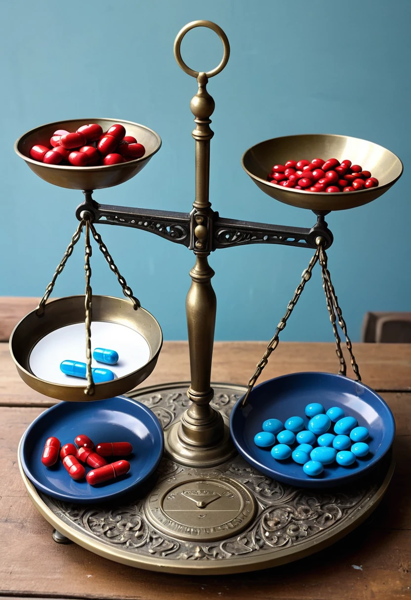 The antique balance scale is a piece of metal crafted with intricate detail, showing signs of age and use. Its trays are made of polished brass, standing out against the cast iron support. On the left tray rests a bright blue pill, while on the right tray is a bright red pill. Both pills are the same size and shape, creating a harmonious visual balance between the contrasting colors on the aged surface of the scale.