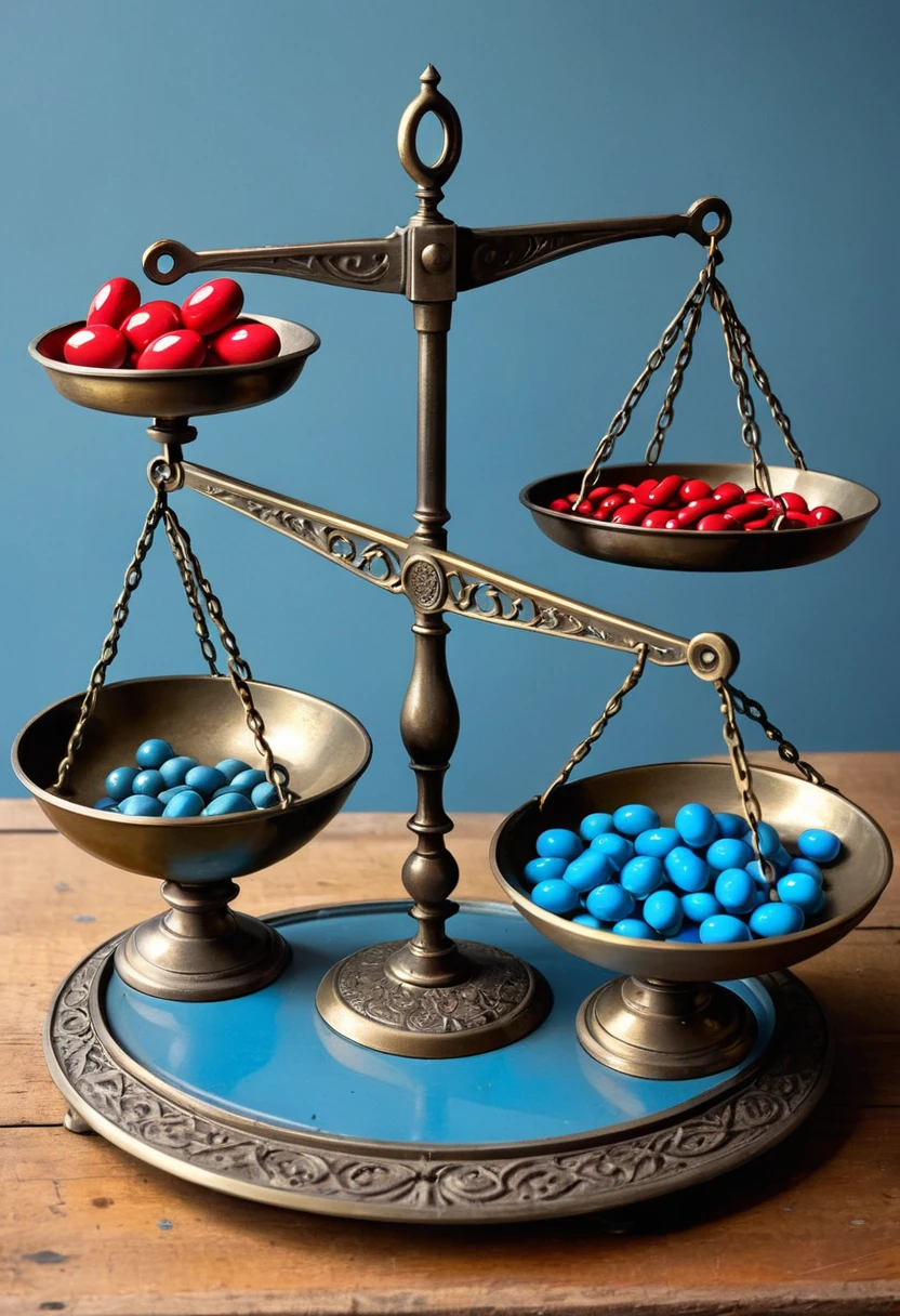 The antique balance scale is a piece of metal crafted with intricate detail, showing signs of age and use. Its trays are made of polished brass, standing out against the cast iron support. On the left tray rests a bright blue pill, while on the right tray is a bright red pill. Both pills are the same size and shape, creating a harmonious visual balance between the contrasting colors on the aged surface of the scale.