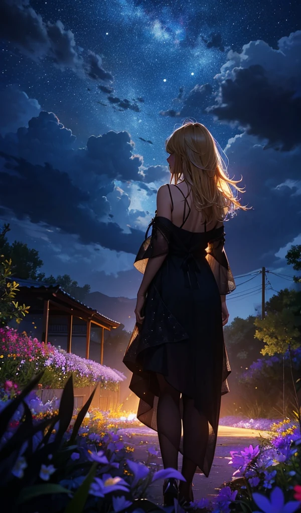1people々々々々々々々々々々々々々々々々々,Blonde long-haired woman, camisole,silhouette, Rear View,Space Sky, rain,rain降り,Flower Field,Colorful flowers