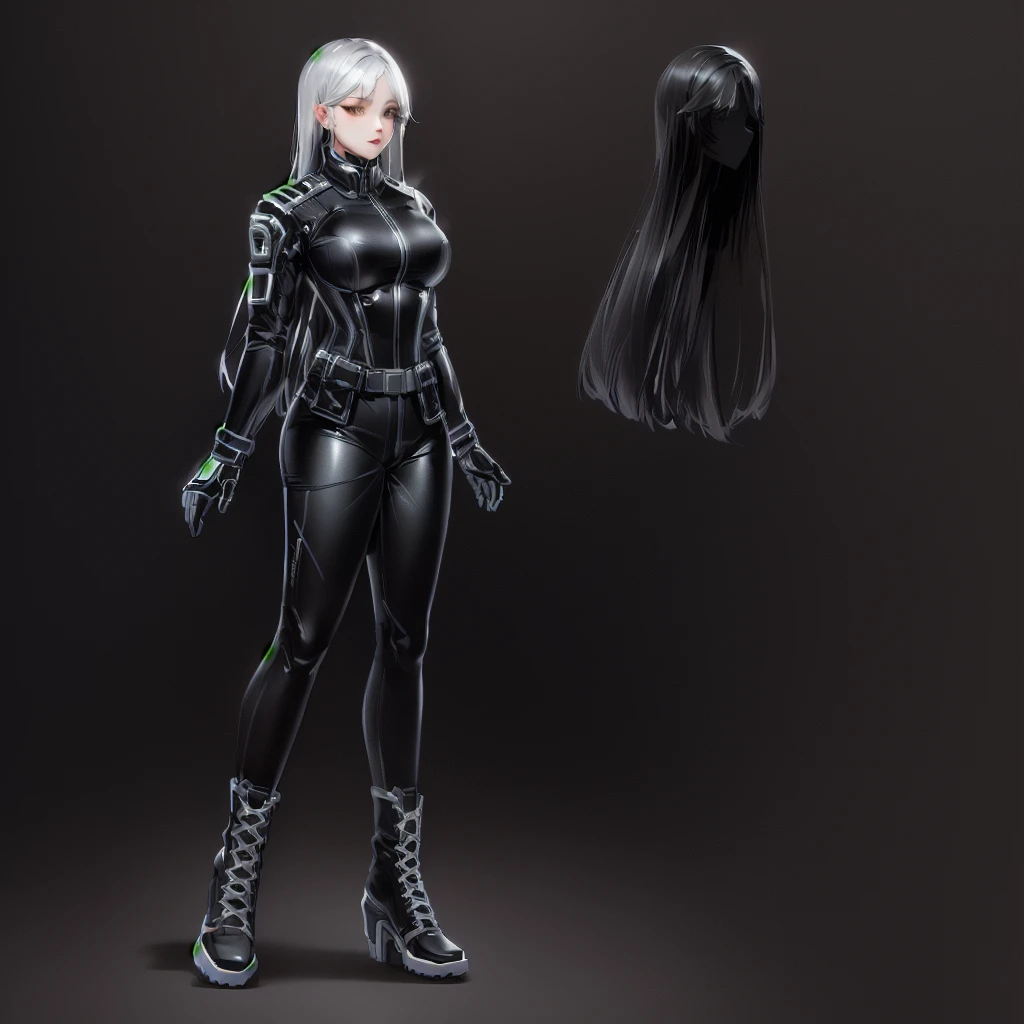Enhance render style, female full black uniform, black outfit, grey color scheme, monochrome