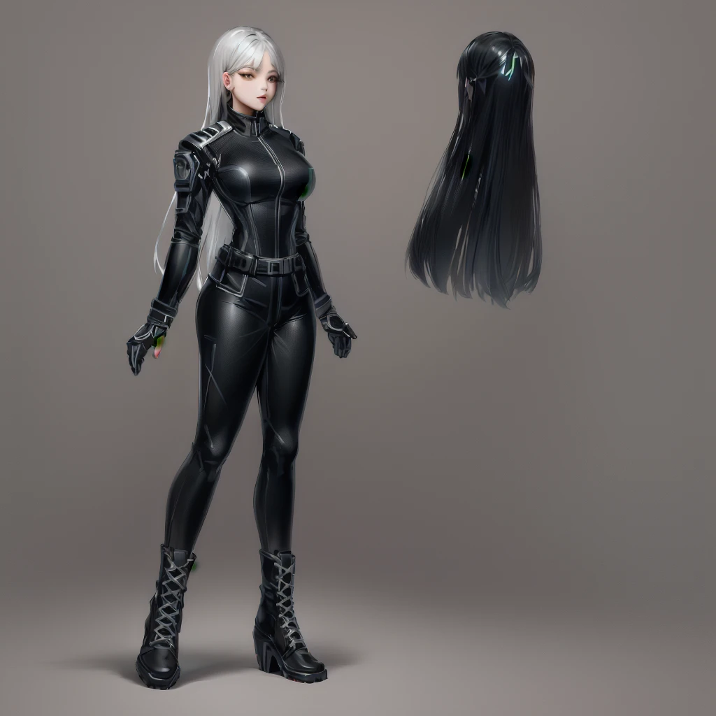 Enhance render style, female full black uniform, black outfit, grey color scheme, monochrome