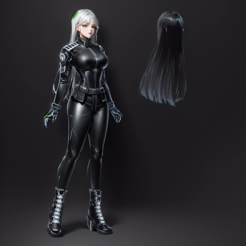 Enhance render style, female full black uniform, black outfit, grey color scheme, monochrome