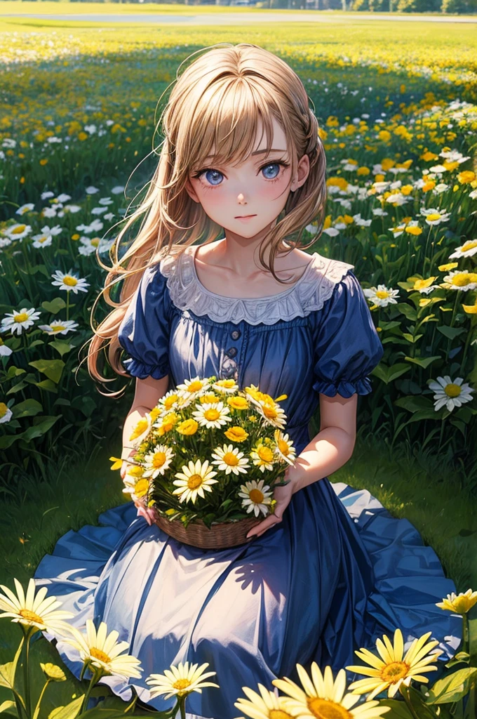 ((best quality)), ((masterpiece)), (detailed), perfect face of the boy and the girl starring each other in the middle of the daisy garden.