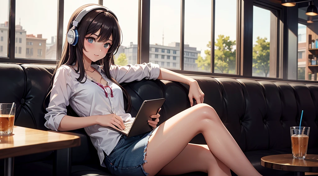 Girl with headphones enjoying music in a cafe I am studying Emphasize a little bit of the chest