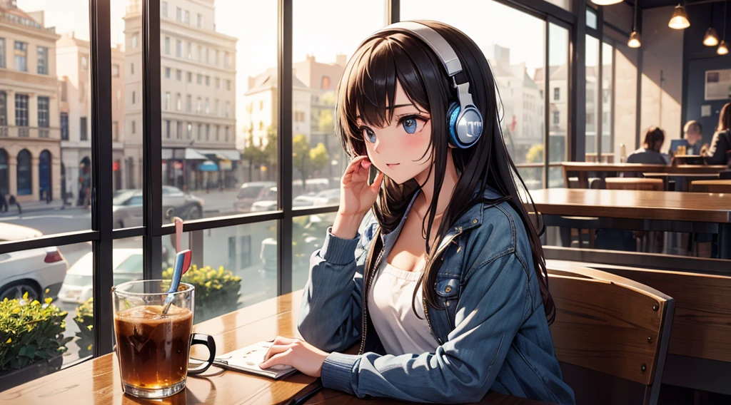 Girl with headphones enjoying music in a cafe　I am studying　Emphasize a little bit of the chest