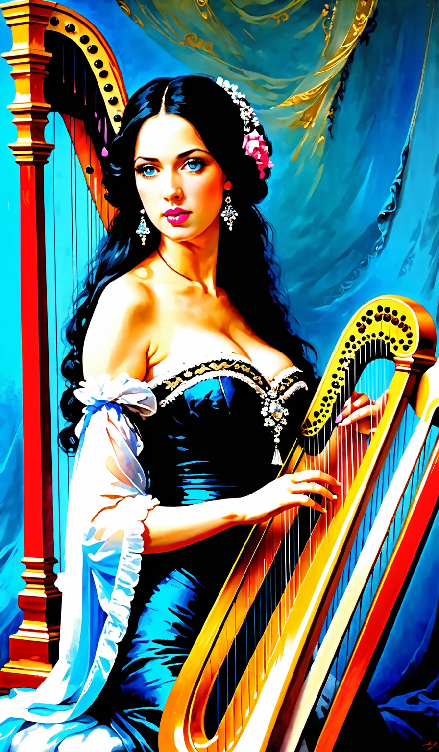 Victorian Hungarian women Women of the 14th century playing an Harp, Black hair, Pink lips, Nice feature, Wadim Kashin, james gurney, ink, Splash Art", Amazing beauty , Royo, after sexing, Super detailed splash art modern European oil ink painting, Mid Gorgeous Breasts, Gorgeous Body, oil painting, Light Diamond Blue eyes, Blush, Greg Rutowski, (no NSFW image).