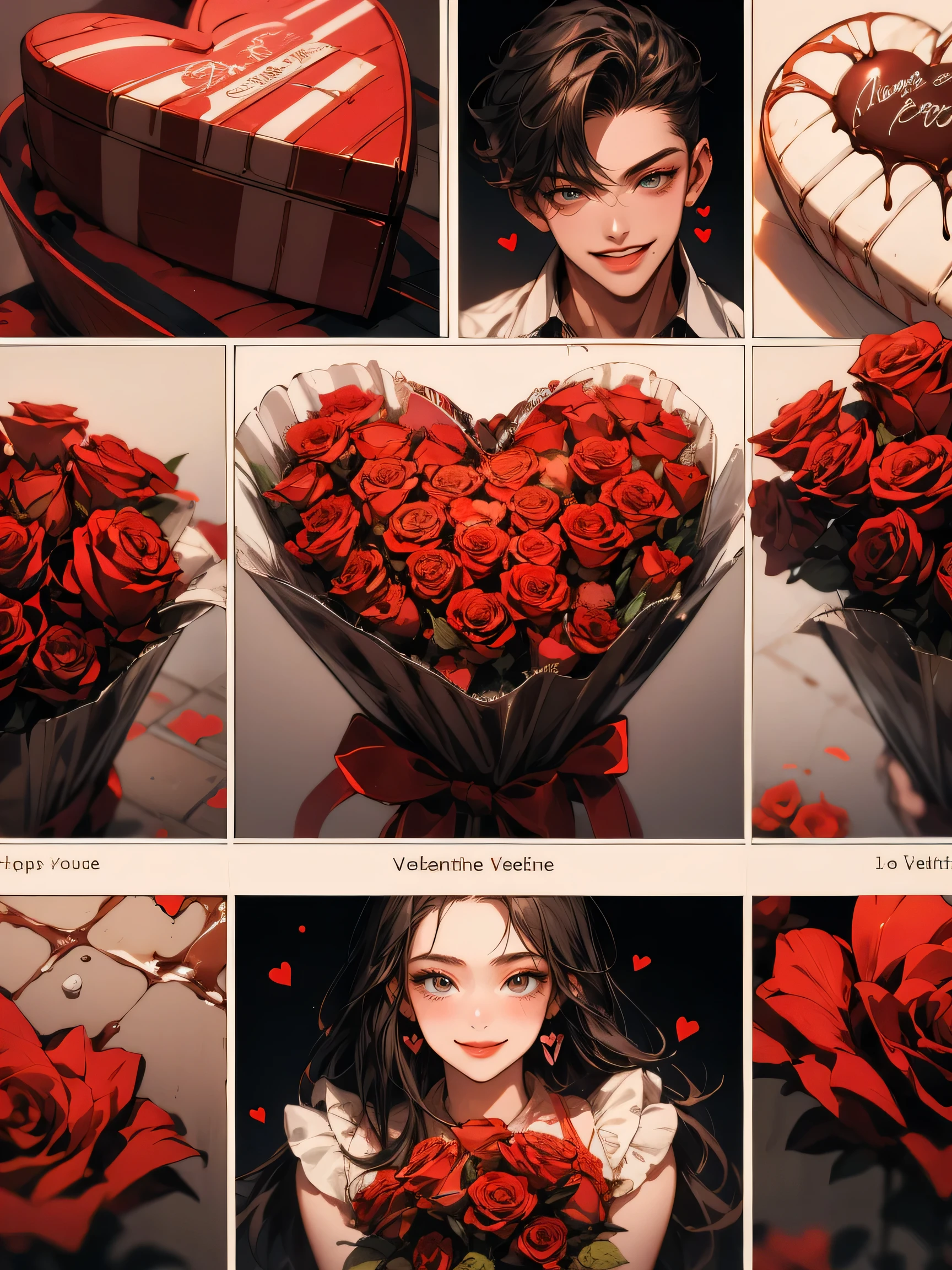 masterpiece, collage of a teenager, Valentine, happy, smile, chocolate, Roses, hearts