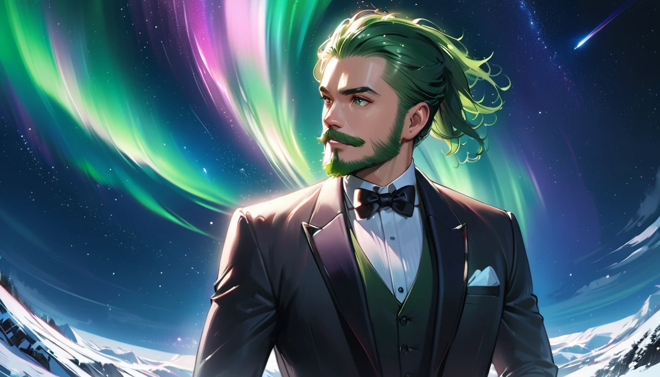 meitu, beetlejuice, anime, manga style, alex brightman starring as beetlejuice,1boy, aurora, beard, black bow, black bowtie, bow, bowtie, facial hair, formal, green eyes, green hair, male focus, mustache, night, night sky, realistic, shooting star, sky, solo, space, sparkle, star (sky), starry sky, suit, tuxedo, wlop, guweiz, meitu