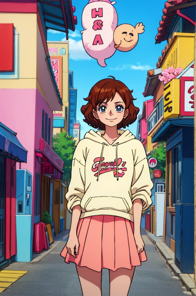 (best quality:0.8) perfect anime illustration, a pretty, happy woman with short curly brown hair on the street in the city, wearing a hoodie, skirt