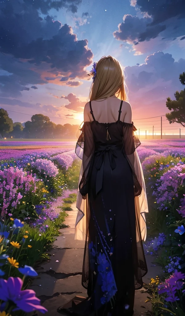1people々々々々々々々々々々々々々々々々々,Blonde long-haired woman, camisole,silhouette, Rear View,Space Sky, rain,rain降り,Flower Field,Colorful flowers