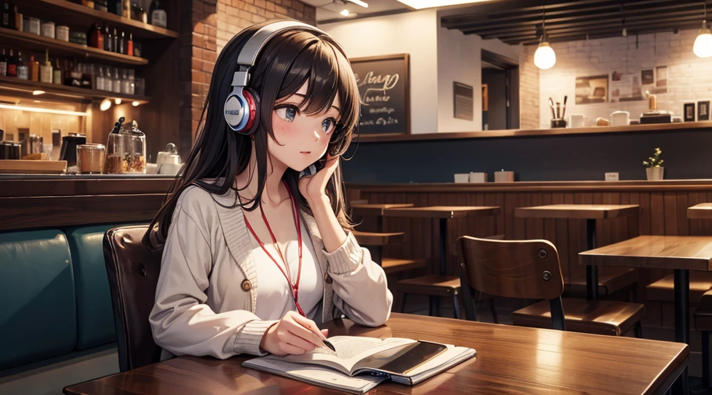 Girl with headphones enjoying music in a cafe I am studying Emphasize a little bit of the chest