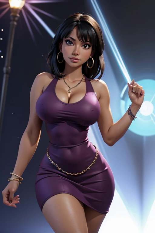 (masterpiece), best quality, expressive eyes, perfect face, front lighting, (inside dance party with light beams and crowd background), (dancing), (seductive look), (cleavage view), (1girl, milf, nico robin, latina, dark skin, short black hair with bangs, straight flat hairstyle, brown eyes, hourglass figure, thick body, curvy body, large breasts, huge breasts, oppai, large cleavage, wide hips, thick thighs), (light-purple v-neck strap dress, sleeveless, expossed cleavage, jewelry, necklace, bracelets, earrings), 